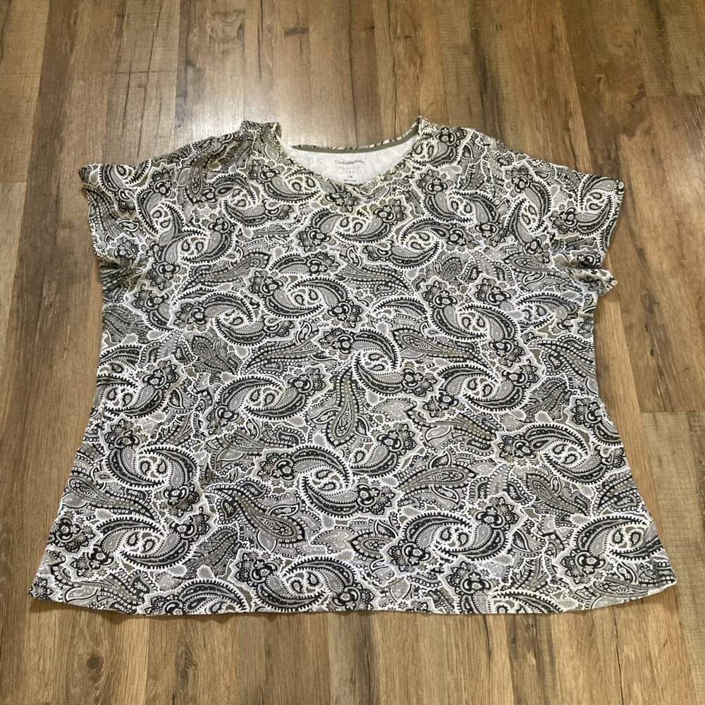 Womens Croft & Barrow Plus Size 2X Classic Tee White Black Paisley Cotton
